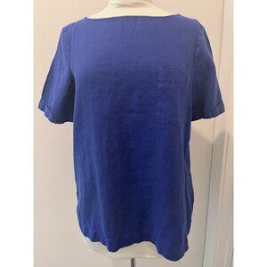 Chico's 1 Blue Linen Short Sleeve With Front Pocket Blouse Casual Boatneck 8/10